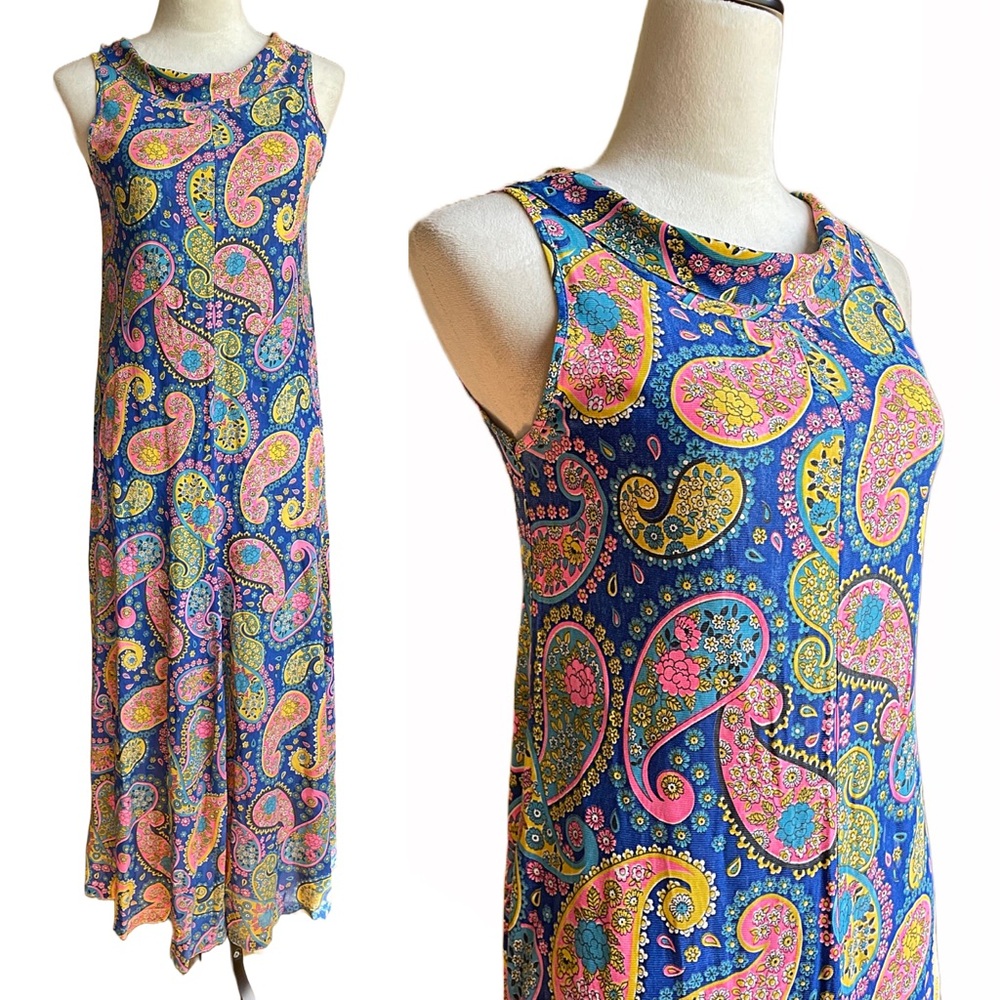 Vintage 60s 70s Psychedelic Paisley Swirl Mod Shift Maxi Dress